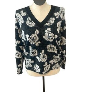 Future Collective Fuzzy Floral V-Neck Sweater - Black and Gray New size Medium